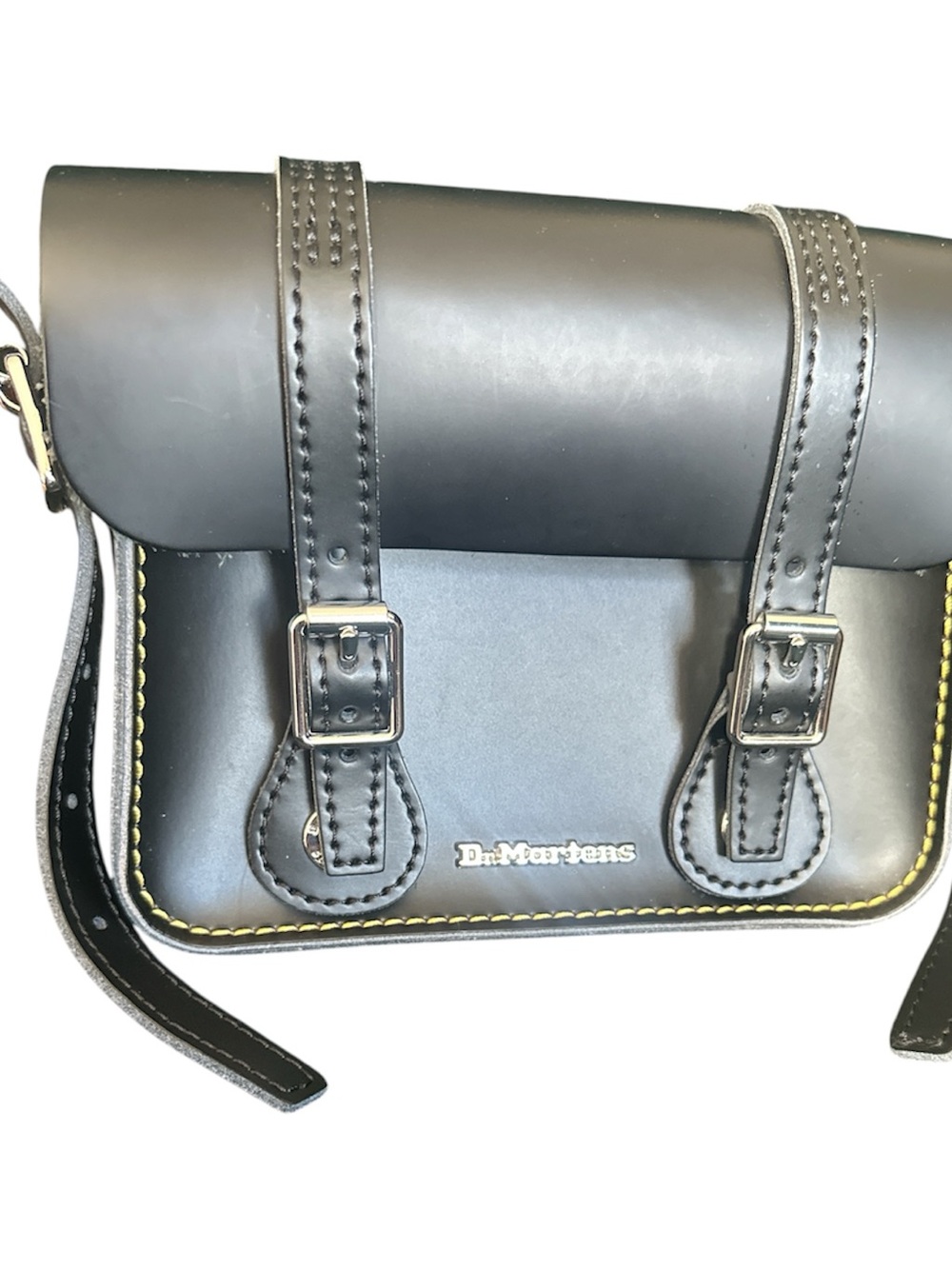 Dr. Martens Black Small Leather Crossbody Satchel with Yellow Stitching